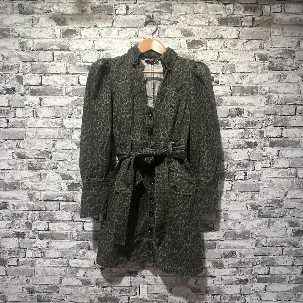 Marissa Webb Olive Green Leopard Print Belted Shirt Dress